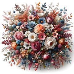 A beautiful bouquet of intricately designed flowers surrounds a luxurious, ornate Easter egg. The composition radiates with colors and intricate details, symbolizing the joy of spring and Easter celeb