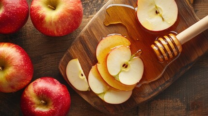 Overhead shot of freshly sliced apples dipped in honey on a wooden cutting board