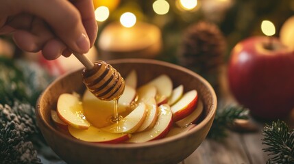 A close-up of a hand dipping apple slices into a bowl of honey during the holiday feast