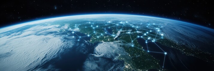 Obraz premium A stunning image of Earth from outer space, highlighting the interconnected nature of continents and network lines. This depicts global connectivity and technological advancement.