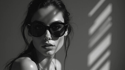 Photo of a rocker punk girl wearing sunglasses, widescreen 16:9, 300 dpi, with free space for text