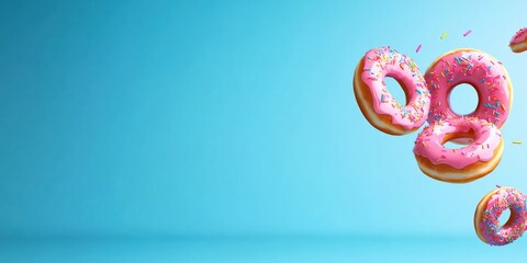 A playful and whimsical image featuring pink donuts with sprinkles, floating against a bright blue background, evoking a sense of fun, delight, and sweet indulgence in an artistic shot.