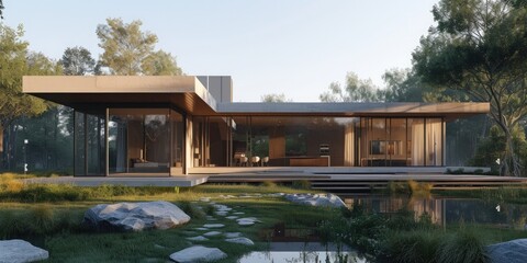 Contemporary home with poolside view