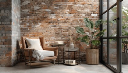 Cozy brick-walled living room with plants
