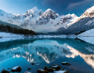 Snow-capped peaks reflected in a tranquil alpine lake during winter