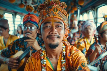 Obraz premium Celebrating traditional music in vibrant attire on a cultural bus journey