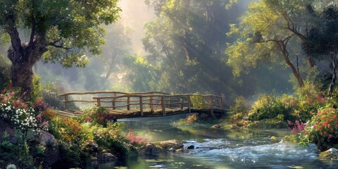 Fototapeta premium Tranquil forest with a bright wooden bridge