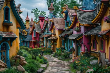 Naklejka premium Charming hamlet with colorful wooden cottages nestled in vibrant greenery