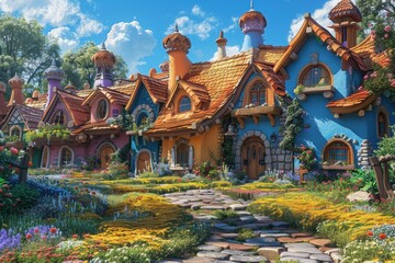 Obraz premium Charming hamlet with vibrant wooden cottages nestled among blooming gardens