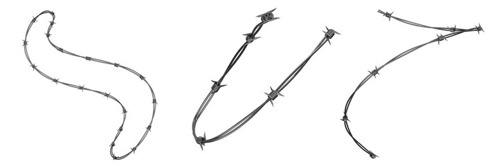 3D Set of Barbed Wire with Sharp Steel Spikes, Isolated on Transparent Background for Security and Industrial Use