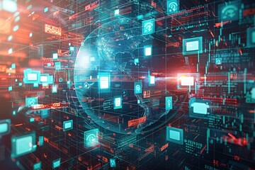 A computer screen with a globe and many icons