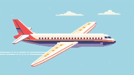 Passenger plane in flight on a sky background. Vector illustration and pixelated of an airplane.