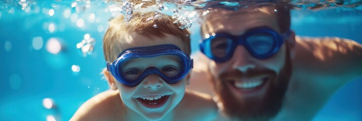 Naklejka premium A joyful father and son pair with goggles swim underwater in a clear blue swimming pool, sharing a moment of laughter and bonding amid sparkling bubbles.