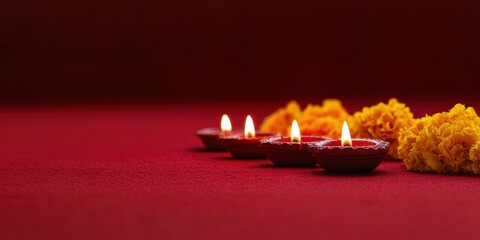 Four lit candles placed in a line alongside yellow flowers against a vibrant red background, representing a festive or spiritual occasion, celebrating light and tradition.
