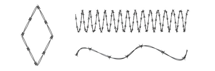 3D Set of Barbed Wire with Sharp Steel Spikes, Isolated on Transparent Background for Security and Industrial Use