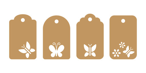Set of gift or price tag stencils with butterfly. Vector templates for cutting. Craft paper or cardboard labels cut files