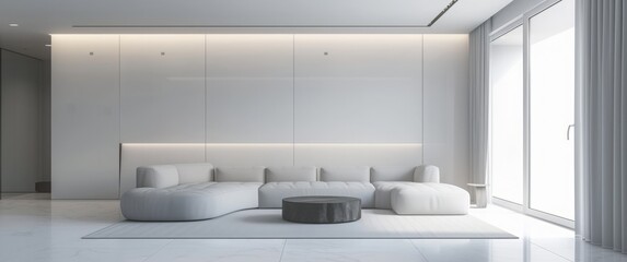 A modern minimalist living room with clean lines simple furniture and neutral colors evoking simplicity and elegance in design.