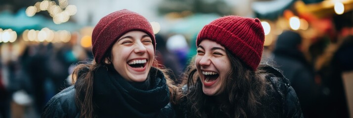 Two close friends, bundled warmly with caps, share a hearty laugh amidst the bustling ambiance of a festive outdoor market, symbolizing friendship and joy.