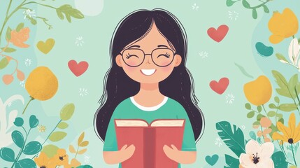 A cheerful girl reading a book surrounded by a vibrant floral background, capturing the joy of reading and nature.