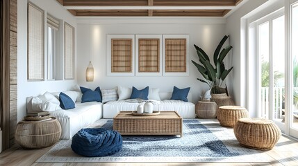 A coastal-inspired bedroom with pale blue accents soft lighting, and wooden ceiling beams