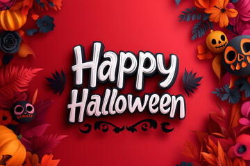 A bright red Halloween greeting featuring a festive arrangement of skulls, pumpkins, and colorful flowers. The bold colors against the red background create a playful and cheerful Halloween atmosphere