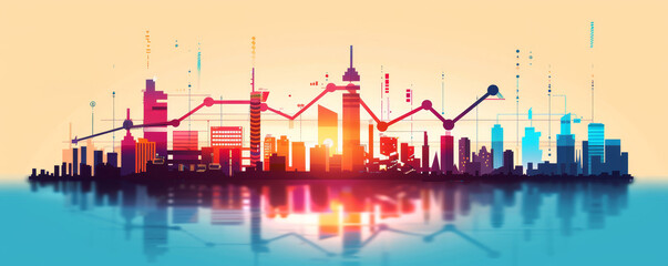 Abstract Cityscape with Rising Charts and Reflection