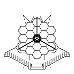 Line art illustration of space telescope resembling JWST. Design elements for print, websites and other graphics. Available as PNG (transparent) or JPG.

