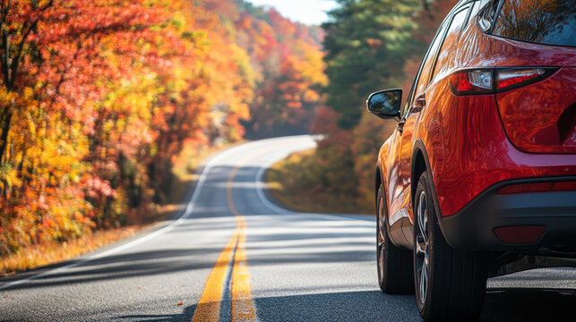 Red car drives down a winding road, flanked by vibrant autumn foliage under a clear sky, capturing the essence of a serene road trip.
