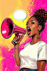 A vibrant pop art-style illustration of a confident woman with an afro hairstyle, holding a megaphone and speaking passionately, set against a colorful background.