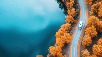 A recreational vehicle travels along a scenic road adjacent to a serene lake, flanked by vibrant autumn foliage, offering an idyllic fall journey.