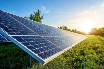 Solar farm and sun light. Solar power for green energy. Sustainable renewable energy. Photovoltaic power station or solar park. Solar panel installation and maintenance concept. Energy, ai