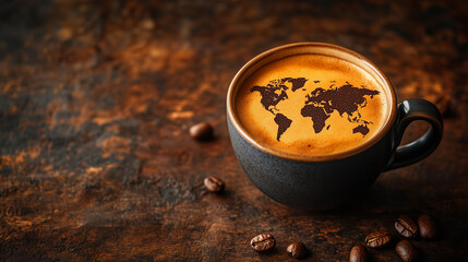 Rustic Coffee Cup with World Map Latte Art, Coffee Beans on Brown Background