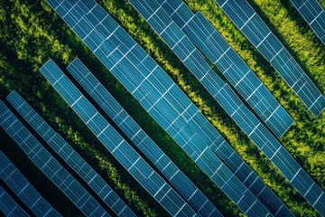 Solar farm and sun light. Solar power for green energy. Sustainable renewable energy. Photovoltaic power station or solar park. Solar panel installation and maintenance concept. Energy, ai