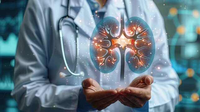 A doctor is holding human's kidney hologram in futuristics concept. For learning biology, anatomy, human organ. World Kidney Day.