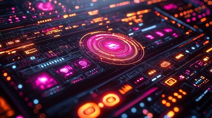 Obraz premium Vibrant tech interface featuring creative design elements, 3D visuals, digital display, futuristic layout. AI generated