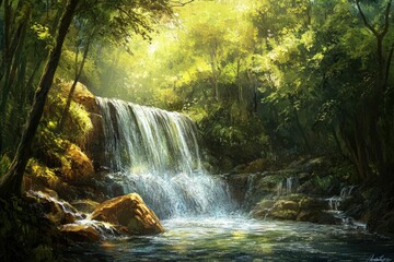 Beautiful stream painting in tropical forest - beautiful natural landscape in the forest, ai