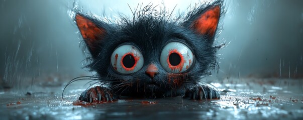 Adorable zombie kitten with one eye missing, tattered fur, big eyes, playful expression, cartoon style