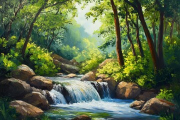 Obraz premium Beautiful stream painting in tropical forest - beautiful natural landscape in the forest, ai