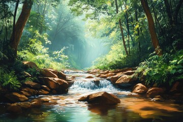 Fototapeta premium Beautiful stream painting in tropical forest - beautiful natural landscape in the forest, ai