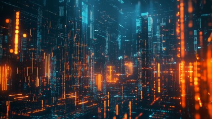 Naklejka premium Abstract Digital Cityscape with Orange and Blue Lights