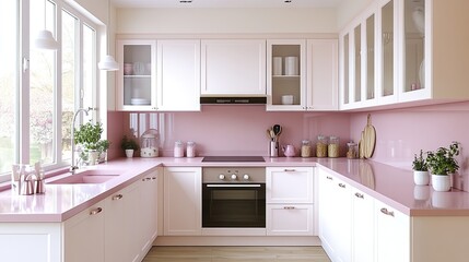 Modern Light Pink Kitchen with White Cabinets Large Windows and Natural Light