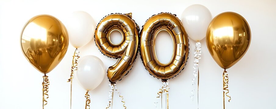 Golden 90th Birthday Celebration with Gold and White Balloons Against a White Background