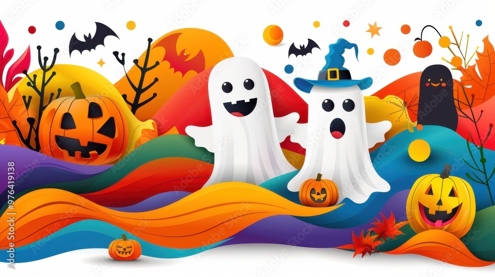 Wall mural happy halloween ghosts pumpkins and bats paper cut illustration