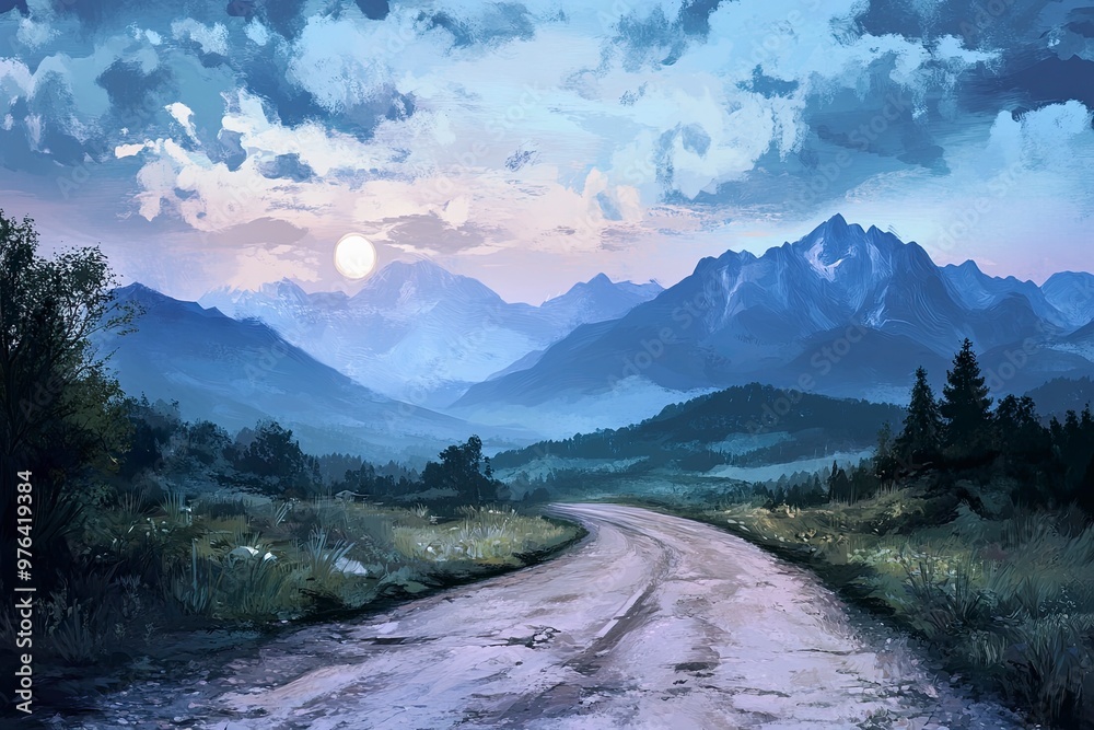 Wall mural landscape with road and mountains beautiful background --ar 3:2 --v 6.1 job id: bb56796d-3caf-40df-a