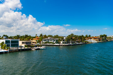 Vacation in summer paradise. Luxury resort at summertime. Travel to tropical bay of Florida. Summer vacation in tropical paradise resort. Luxury summer villa with yacht pier. Aerial view