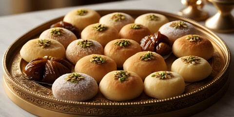 Close up of Arabic sweets Traditional Semolina Maamoul or Mamoul  walnuts and pistachio nuts. 