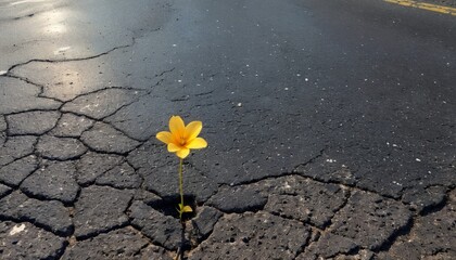 Photo of a cracked road with a single yellow flower