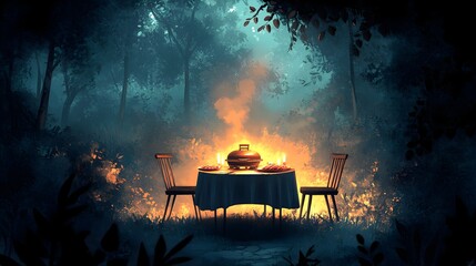 Evening garden scene, a small grill smoking with steaks, candle-lit dinner table for two, lush greenery, soft shadows, vintage illustration, warm and inviting