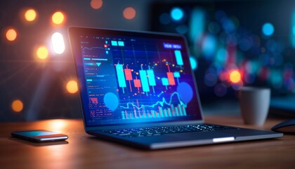 Laptop with Stock Market Data on Screen in a Dimly Lit Room