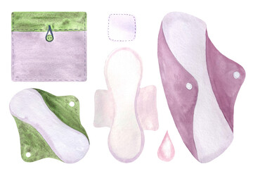 Period pads with a case purple-green, cotton pad watercolor set, menstrual protection items isolated on white. Ideal for ads, packaging, blogs about sustainable lifestyle and choices of a modern women